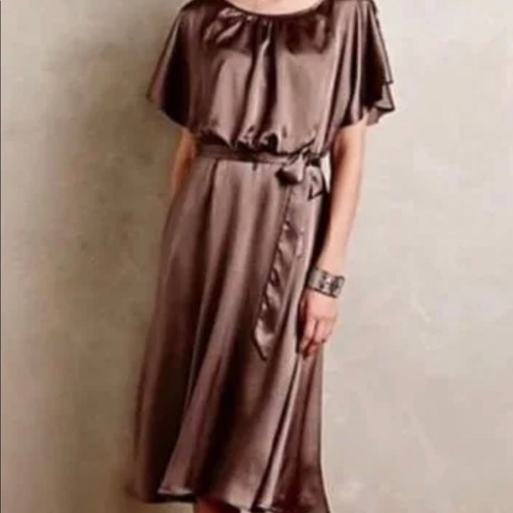 Anthropologie HD In Paris Satin Midi Dress Bronze Flutter Sleeve Tie Waist, 4
